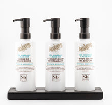 Load image into Gallery viewer, Black Triple 12 oz Cylinder Amenity Carriage Kit | Luxury Hotel Countertop Dispenser | Aquamenities