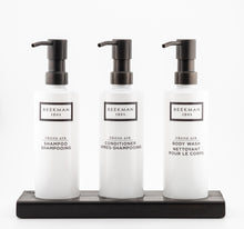 Load image into Gallery viewer, Black Triple 12 oz Cylinder Amenity Carriage Kit | Luxury Hotel Countertop Dispenser | Aquamenities
